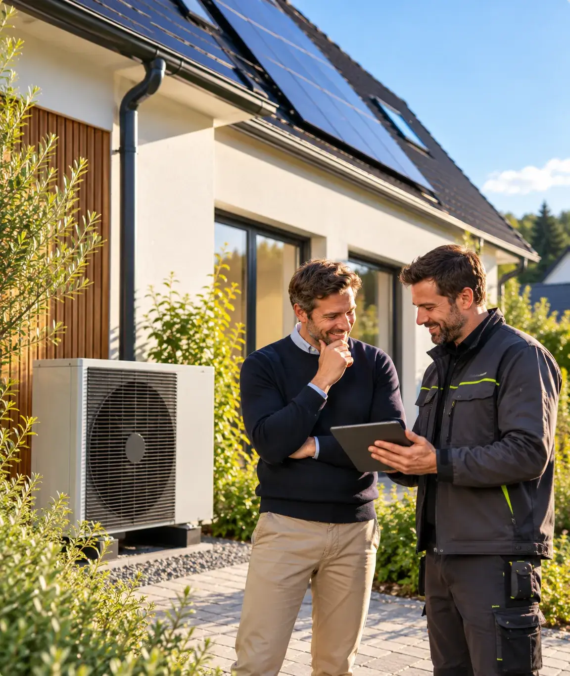 Artisan présentant un devis à un propriétaire devant une maison équipée d'une pompe à chaleur et de panneaux solaires
